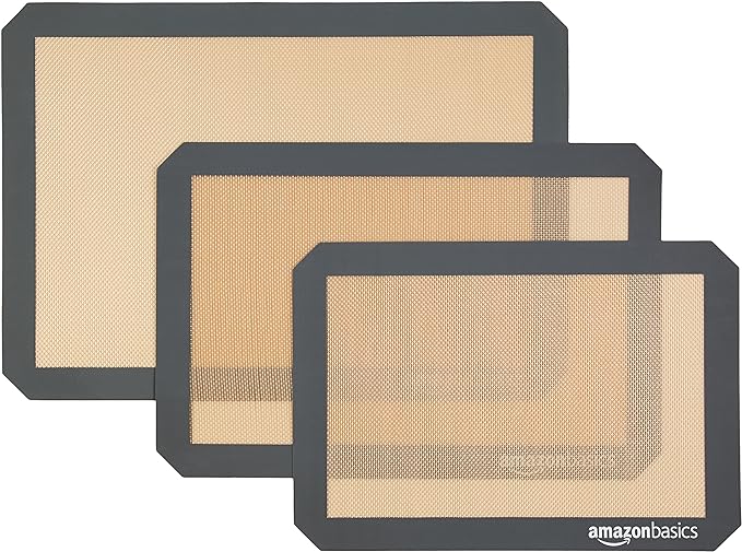 Amazon Basics Rectangular Non-Stick Silicone Baking Mat, Food Safe, Heat Resistant, 9"x13", 9.9"x14.8", and 16.5"x11.6", Beige/Gray, Pack of 3