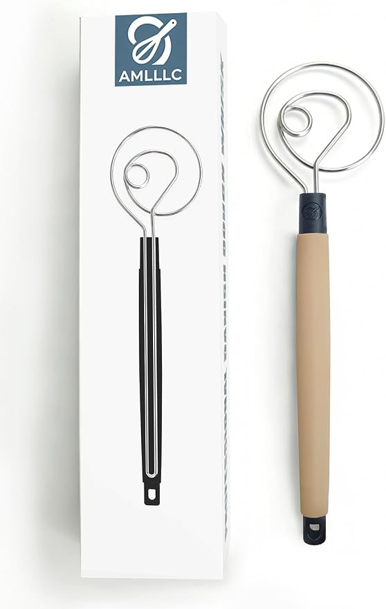 Danish Dough Whisk Heavy Duty 13.5" - Stainless Steel Sourdough Bread Mixer with Silicone Handle | Dutch Whisk for Pizza,Cake Batter & Cookie Dough | Dishwasher-Safe Baking Tool (Beige)