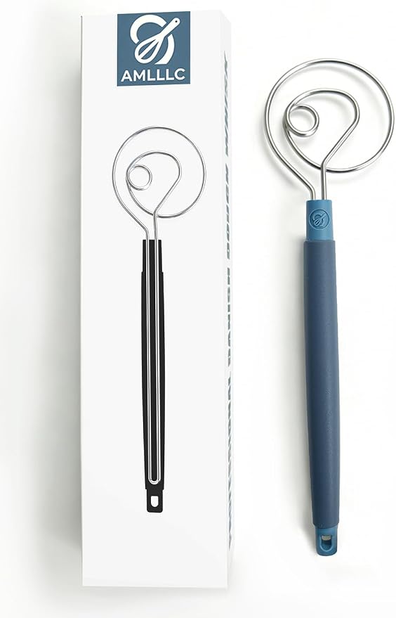 Danish Dough Whisk Heavy Duty 13.5" - Stainless Steel Sourdough Bread Mixer with Silicone Handle | Dutch Whisk for Pizza,Cake Batter & Cookie Dough | Dishwasher-Safe Baking Tool (Blue)