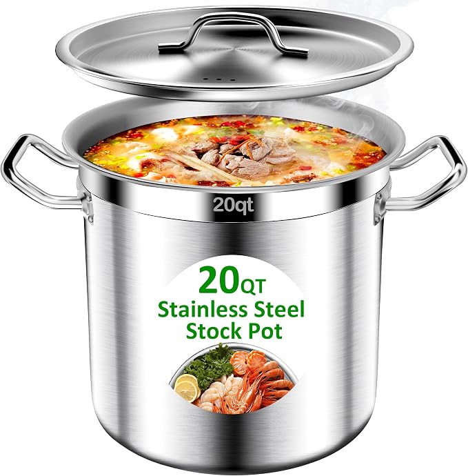 Stainless Steel Stock Pot，20QT Large Stock Pot with Lid for Boiling Cooking Soup Stew Canning, Heavy Duty Tri-Ply Bottom for Boiling Cooking Soup Stew Canning Cooking Pots, Cookware Sauce Pots