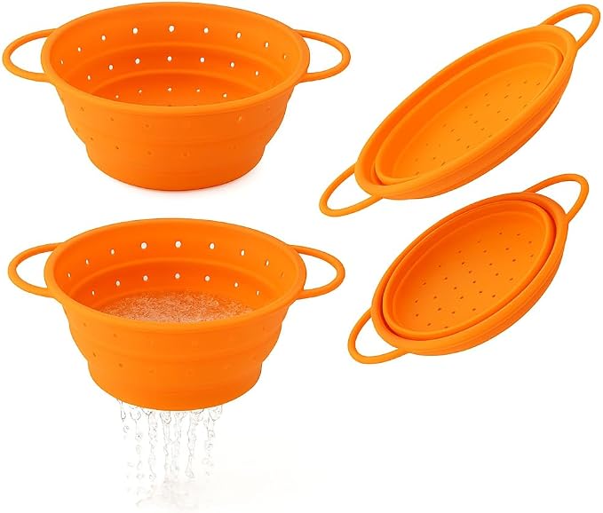 Silicone Colander, Collapsible Colander, Kitchen Food Strainer, Colander with Handles, Foldable Colander, Space-Saving Design, 2-pack
