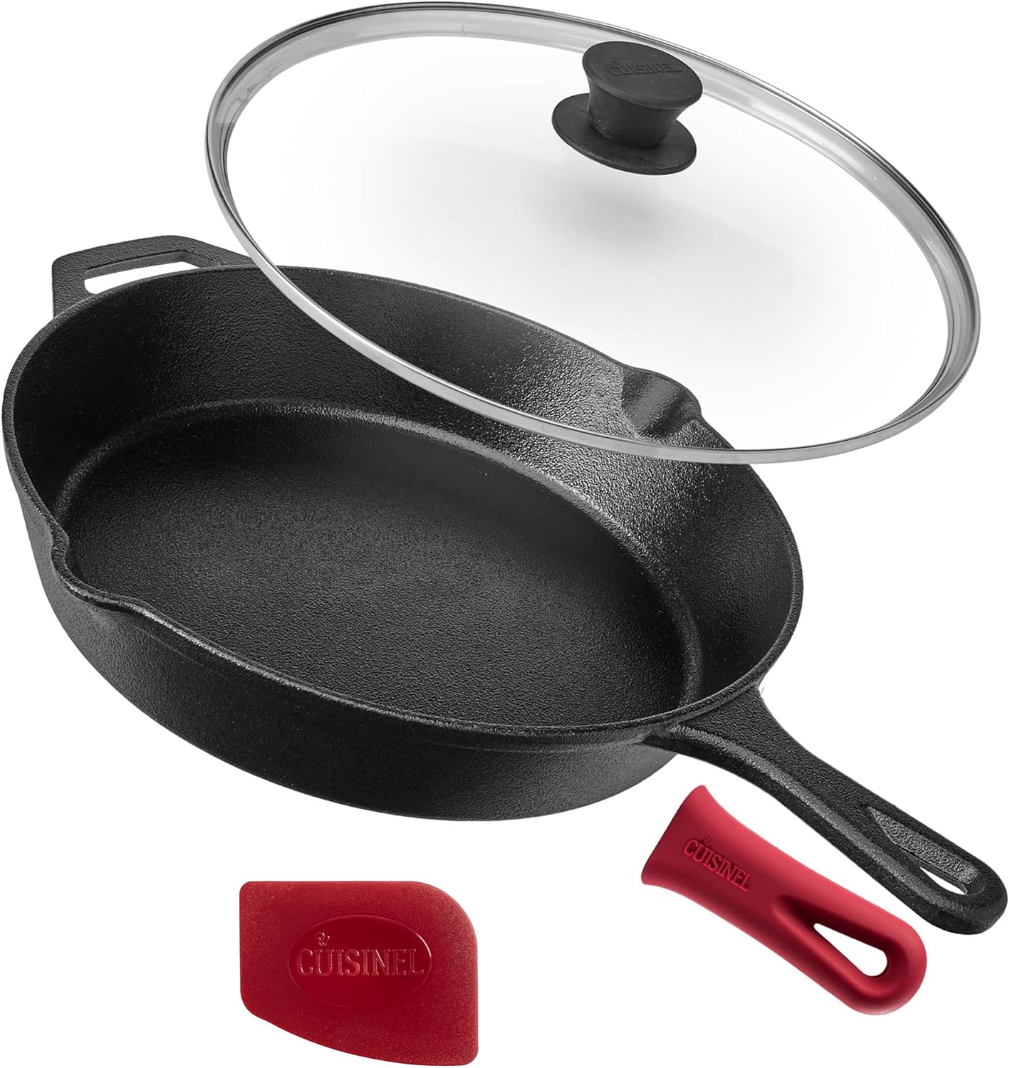 Cuisinel Cast Iron Skillet with Lid - 12"-Inch Frying Pan + Glass Cover + Silicone Handle Holder - PFAS and PFOA-free Pre-Seasoned Oven Safe Cookware - Indoor/Outdoor Use - Grill, BBQ, Fire, Stovetop