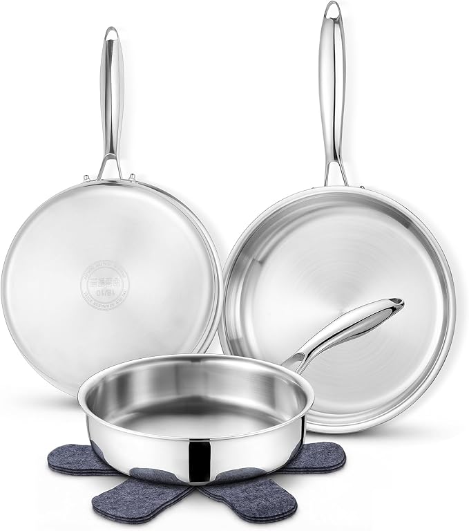E-far Frying Pan Set of 3, 8/10/12 Inch Tri-Ply Stainless Steel Skillet Set, Cooking Pans for Searing & Sauting, Heavy-Duty & Non-Toxic Kitchen Cookware, Induction Compatible, Oven & Dishwasher Safe