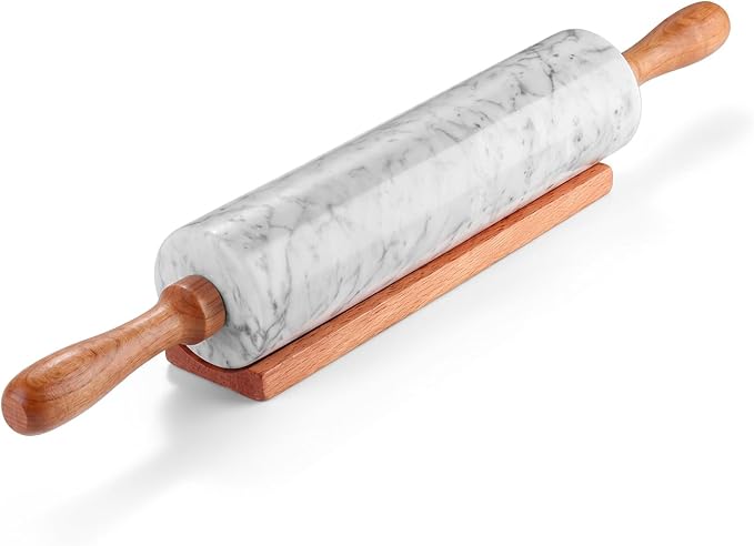 Flexzion Marble Rolling Pin with Cradle Stand, 10-Inch Dough Roller, White