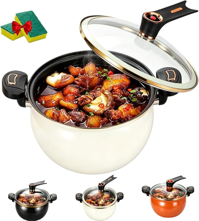 Large Capacity Micro-Pressure Enamel Soup Pot, 8L micro pressure cooker pot,ceramic stock pot, stew pots with lids Low Press Safety Valve, Fast Cooking Cookware，White