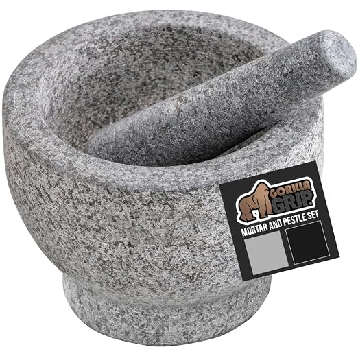 GORILLA GRIP 100% Natural Granite Stone Mortar and Pestle Set, Non-Scratch Base, Heavy…