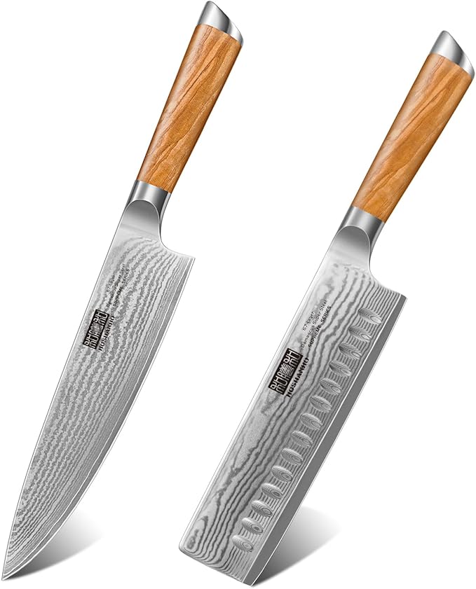 HOSHANHO Damascus Nakiri Knife 6.5 Inch & Damascus Chef Knife 8 Inch