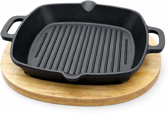 8.5" Personal Sized Pre-Seasoned Cast Iron Grill Pan with Heat-Resistant Oak Wood Base