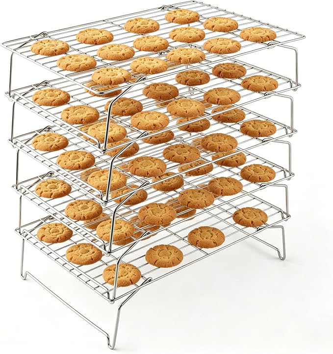 LIANYU Cooling Rack 15"x10", 5-Tier Stackable & Collapsible Stainless Steel Baking Wire Racks for Cooking, Baking, Roasting, Drying, Oven & Dishwasher Safe, Silver