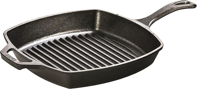 Lodge Square Cast Iron Grill Pan - Pre-Seasoned Square Skillet - Ridged Burger Grill Pan - Even Heat Distribution - PFAS-Free Non-Toxic Cookware - 10.5 Inches
