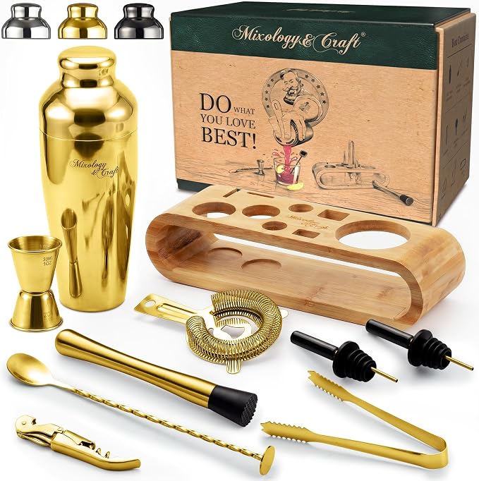 Mixology & Craft Cocktail Shaker Set with Bamboo Stand - Professional 18oz 10-Piece Bartender Kit, Complete Bar Set for Home Use with Jigger, Muddler, Strainer, Spoon, Pourers & Corkscrew (Gold)