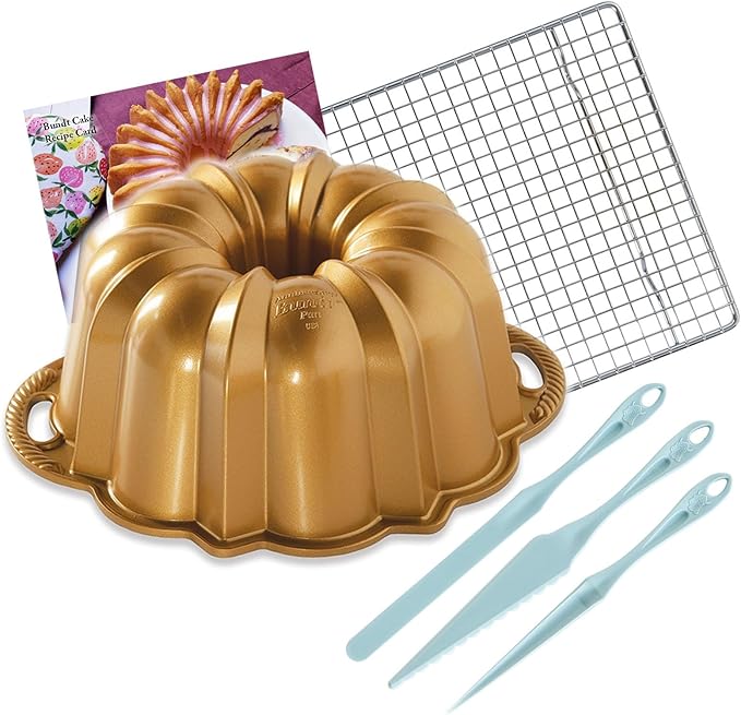 Nordic Ware Original Gold Anniversary Bundt Pan Holds 12 Cups With Cake Finishing Tool Kit + Cooling Rack and Recipe Card
