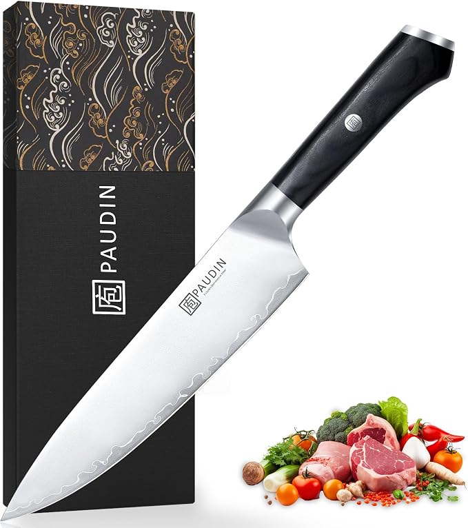 PAUDIN Chef Knife, 8 Inch High Carbon Steel Kitchen Knife, Professional Chefs Knife with Ergonomic Wooden Handle, Ultra Sharp Knife for Meat Vegetable Cutting