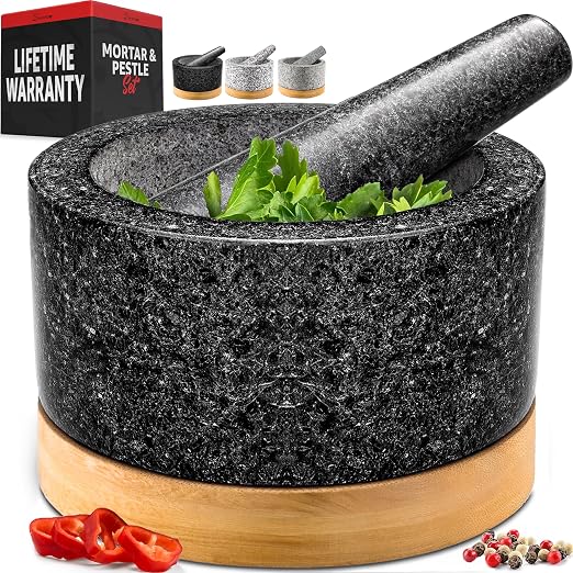 PriorityChef Heavy Duty Mortar and Pestle Set with Bamboo Base, 100% Natural Granite…