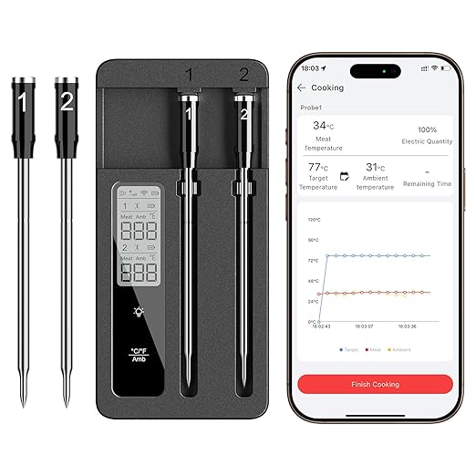 Smart Wireless Meat Thermometer, 2 Probes, WiFi Base with Magnetic Mount