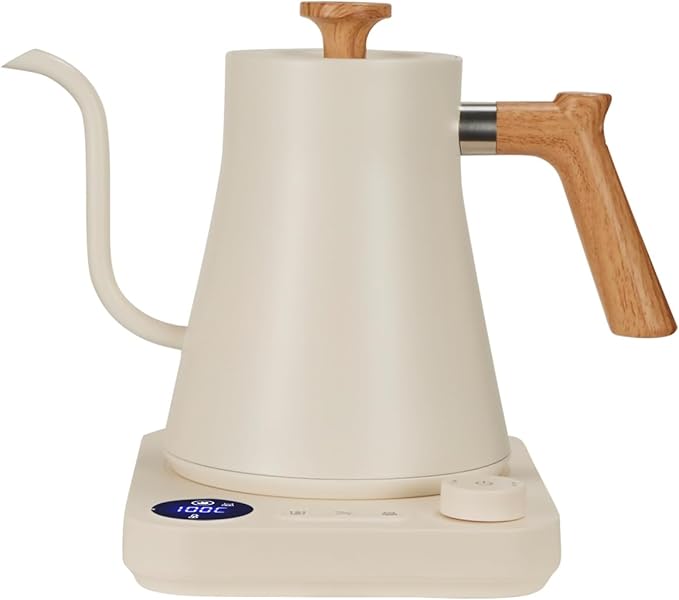 Gooseneck electric kettle,Auto Boil Detection, with Variable Temperature Control, Stainless Steel Inner, Ultra-Quiet 304 Stainless Steel,1200W Quick Heating, for Coffee, Tea & Milk, 0.9L (Beige）