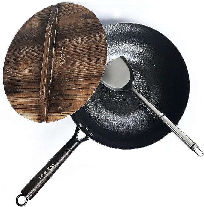 Souped Up Recipes 12.5 Inch Carbon Steel Wok For Electric, Induction and Gas Stoves (Lid,…