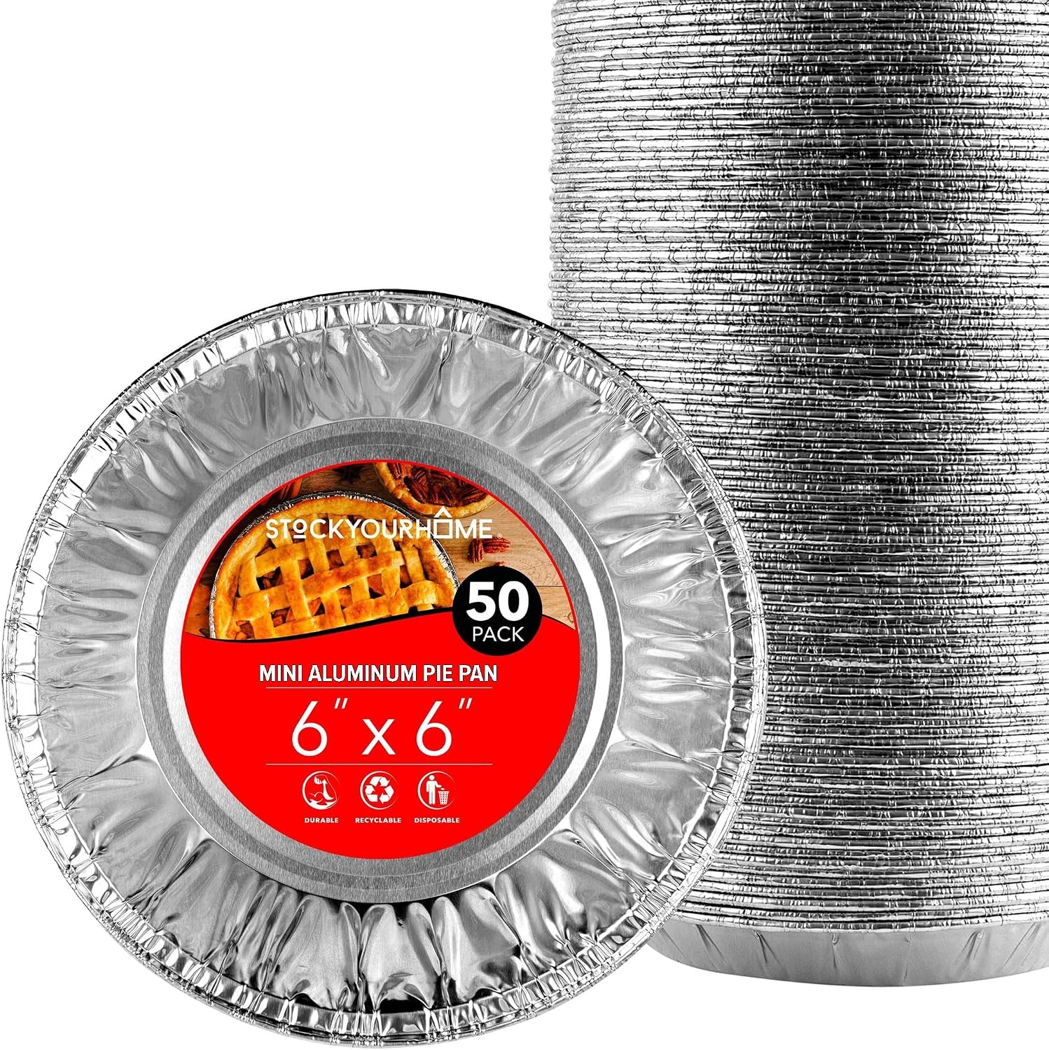 Stock Your Home 6 Inch Aluminum Foil Pie Pans (50 Count) – Disposable & Recyclable Mini Tins for Bakeries, Cafes, Restaurants – Durable Pans for Baking, Fruit Tarts, and Quiche