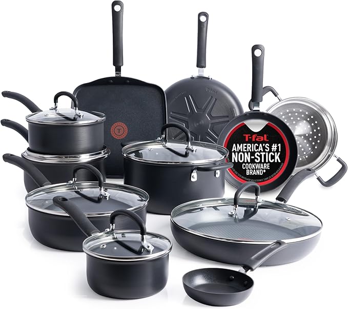 T-Fal Ultimate Hard Anodized Nonstick Pots and Pans Set 17 Piece, Nonstick Cookware Set…