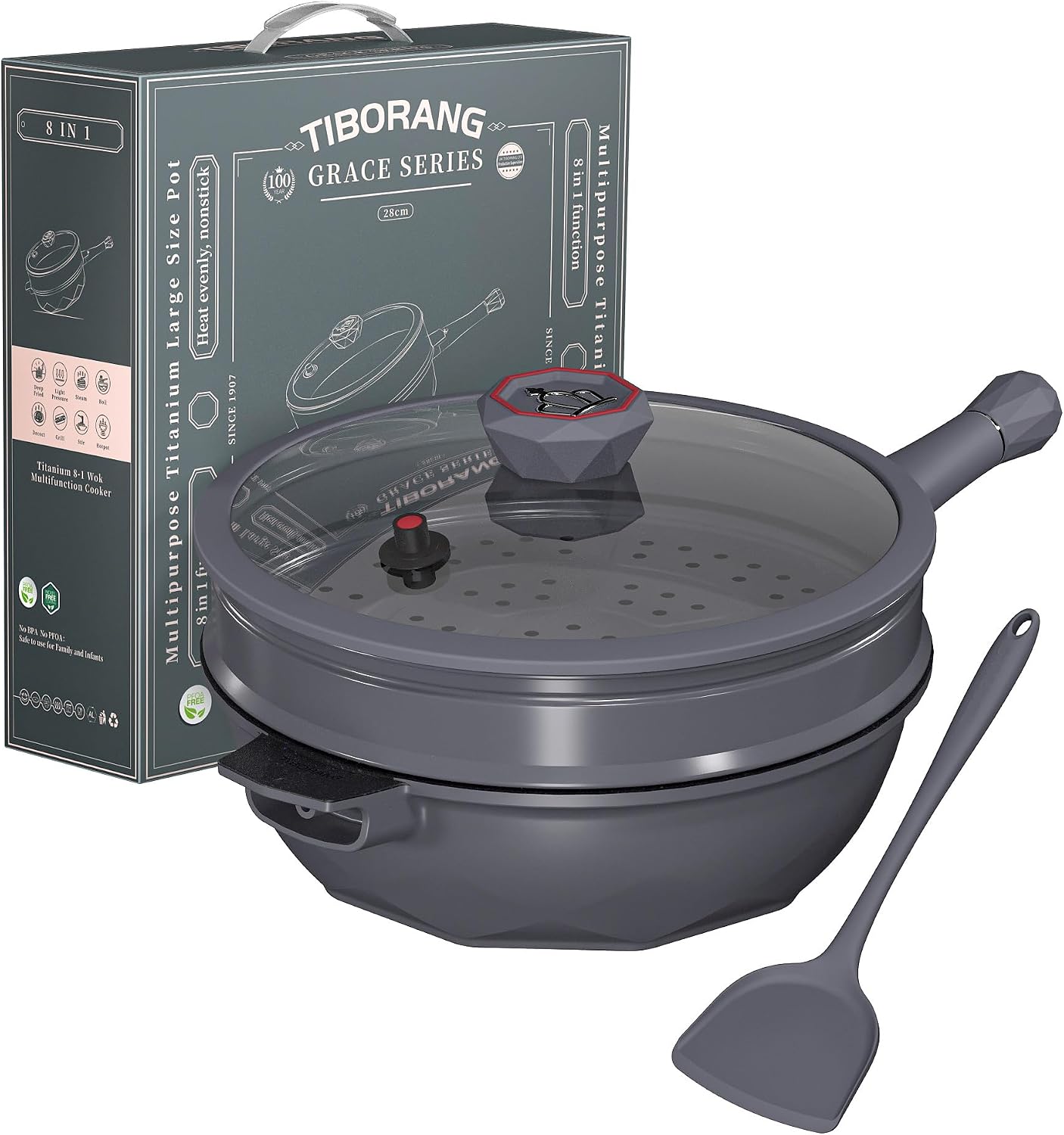 TIBORANG Nonstick Frying Pan, 5 Quart Large Wok, Deep Skillet With Lid, Stay-Cool Handle, Steamed Grid, PFOA-Free, Dishwasher & Oven Safe, Works With All Stovetops (Charcoal)