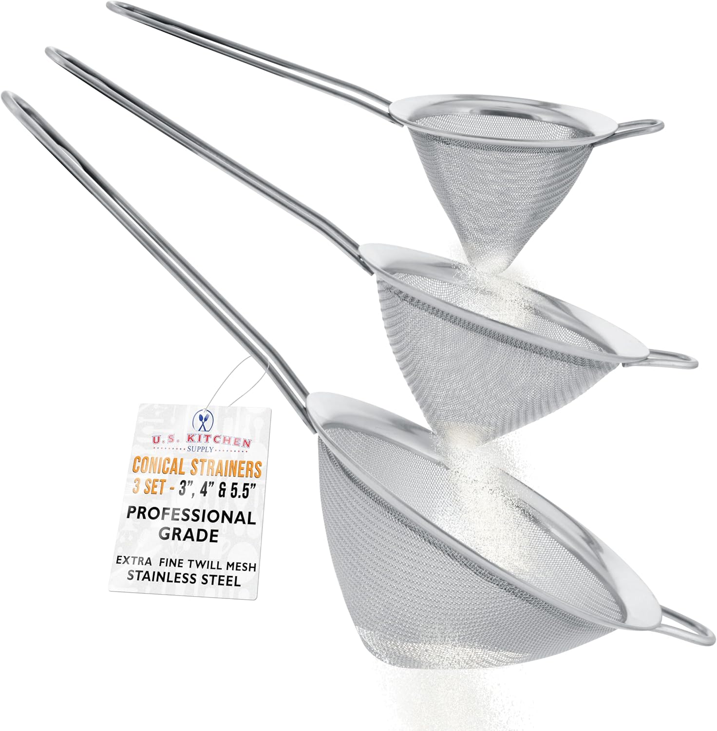 U.S. Kitchen Supply Set of 3 Stainless Steel Conical Strainers - 3", 4" & 5.5" Sizes -…