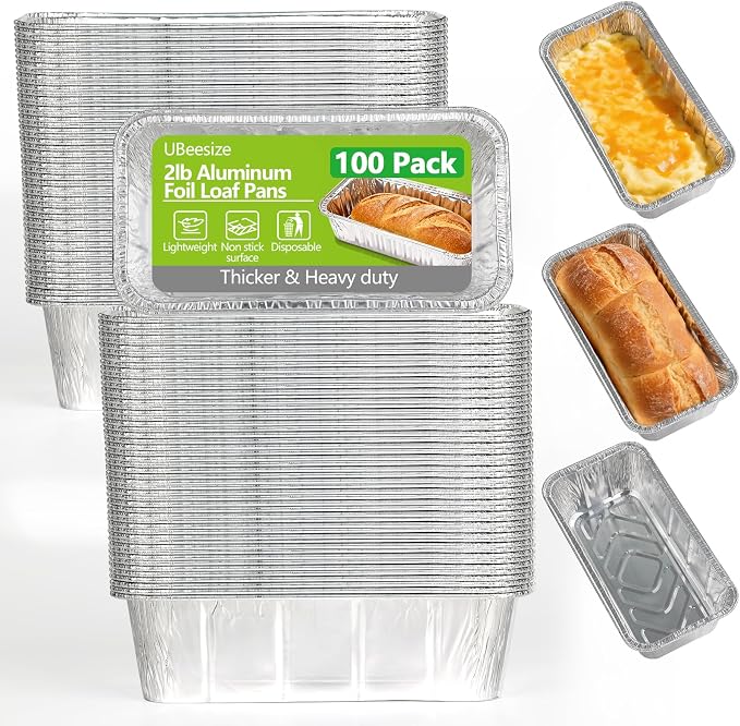 UBeesize 2Lb Thicker & Heavy Duty Disposable Aluminum Loaf Pans, 100 Pack Ultra Sturdy 8.5 x 4.5 Foil Bread Pans for Baking Banana Bread, Cakes, Meatloaf & Food Storage