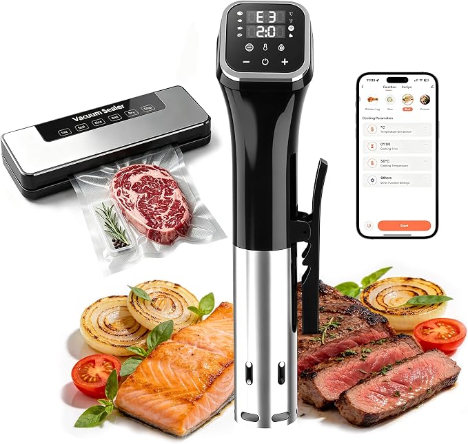 WIFI Sous Vide Cooker Combo, 1100W Immersion Circulator with Vacuum Sealer & Storage Bags, APP Preset Recipes & Timer, 3D Fast Circulation Ultra Quiet Precision Slow Cooker, IPX7 Waterproof