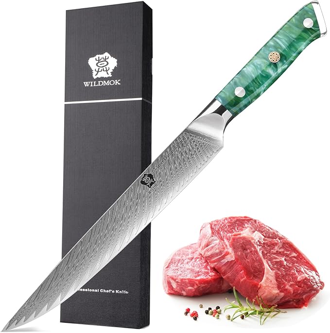 WILDMOK Carving Knife, 9 inch Slicing Knife, brisket knife & BBQ Knife, Forged from Japanese Damascus Super Steel meat carving knife, Full Tang Resin handle with Gift Box