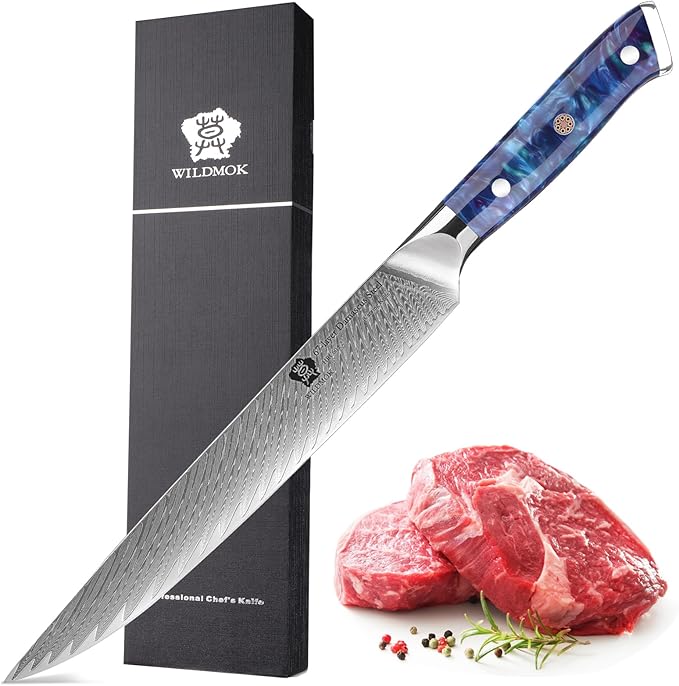 WILDMOK Carving Knife, Damascus 9 inch Professional Slicing slicing knife, Meat Cutting and BBQ Knife, Razor Sharp Japanese Steel turkey knife, Full Tang Resin Handle Design, with Gift Box