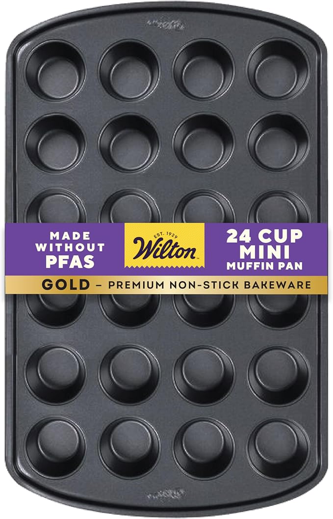 Wilton Gold Non-Stick Bakeware Mini Muffin Pan - Baking Pan for Mini Cupcakes & Muffins - Made Without PFAS - Even Heat Distribution & Scratch Resistant - 16 x 10 x 1 Inch, 24 Cups
