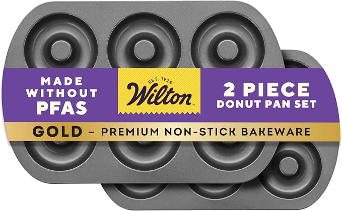 Wilton Gold Non-Stick Donut Pan Set - Quality Baking Pan - Dishwasher Safe & Scratch Resistant - Made Without PFAS - 12.5 x 8 x 1 Inch, 2-Piece Set