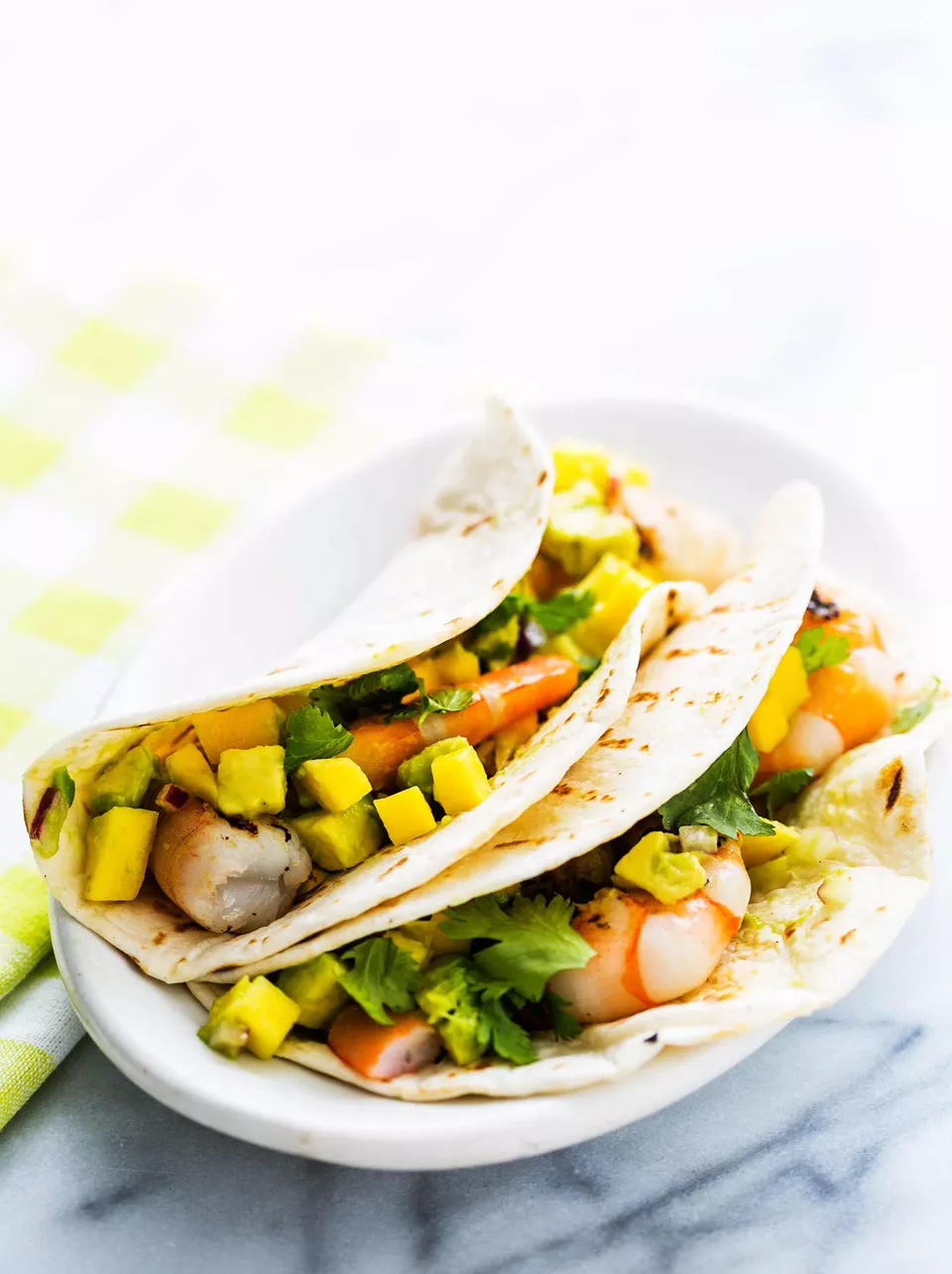 Saffron Shrimp Tacos with Mango-Avocado Salsa