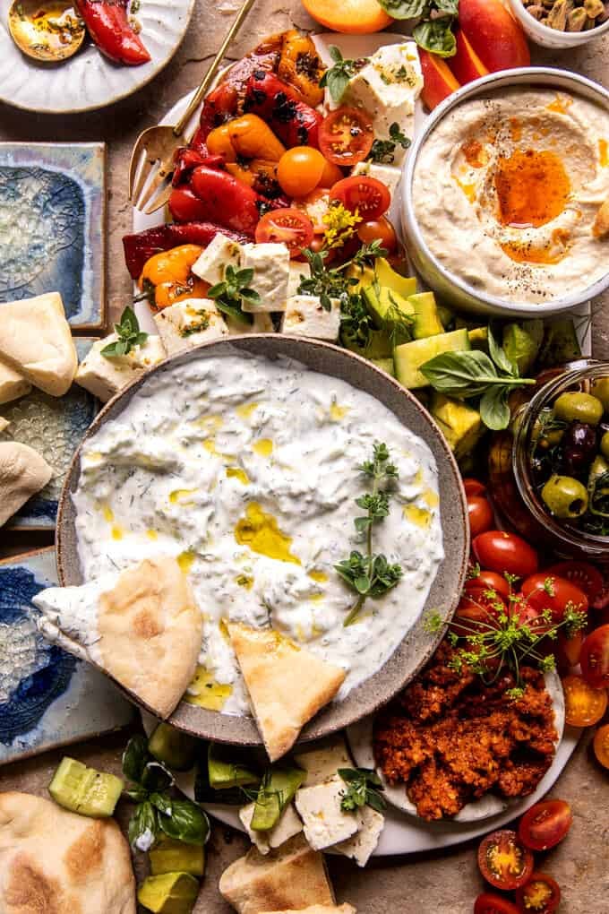 Bowl-Style Mezze Platter with Greek Salad and Tzatziki