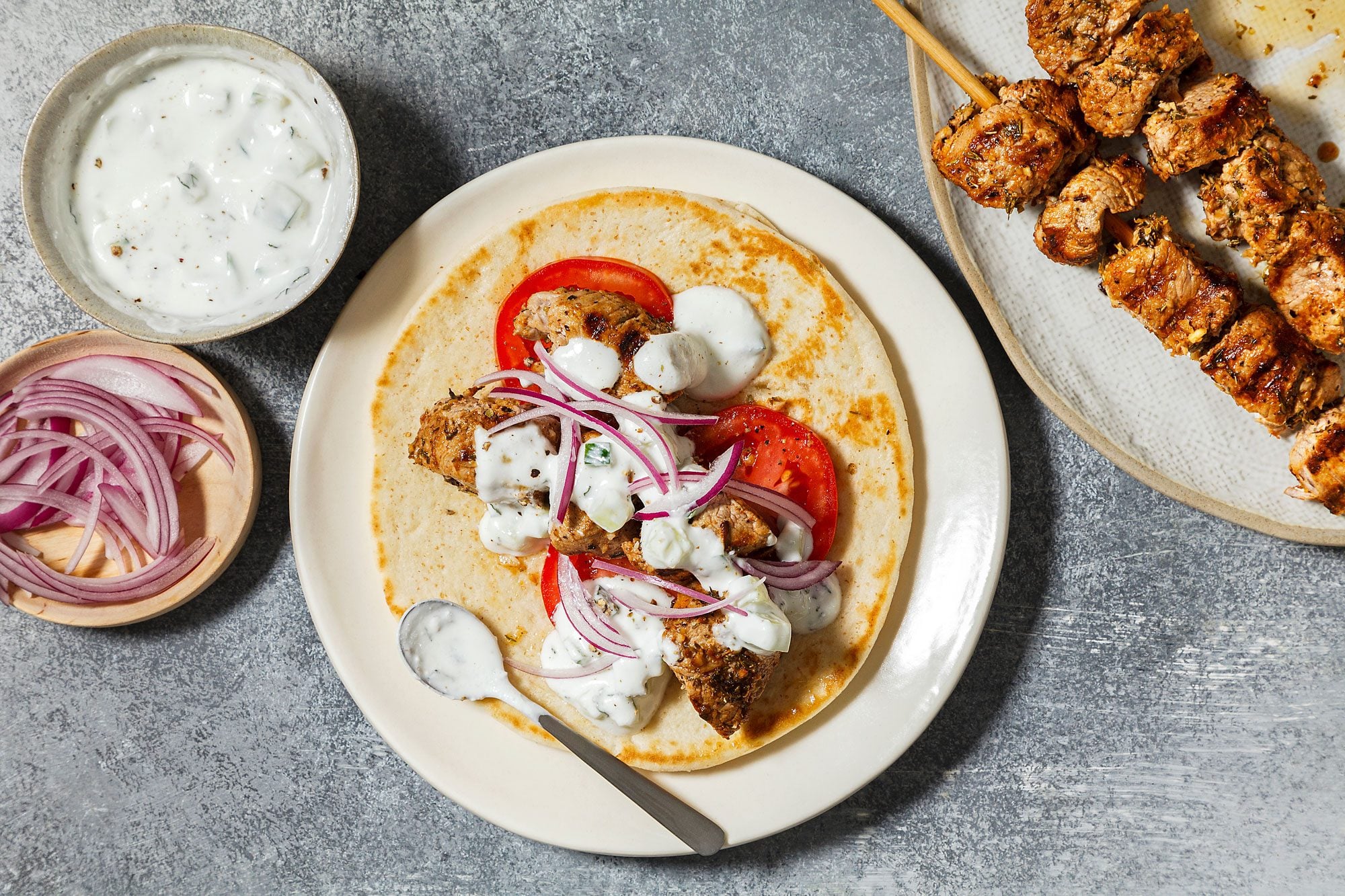 Pan-Seared Pork Souvlaki with Tzatziki Sauce and Pita