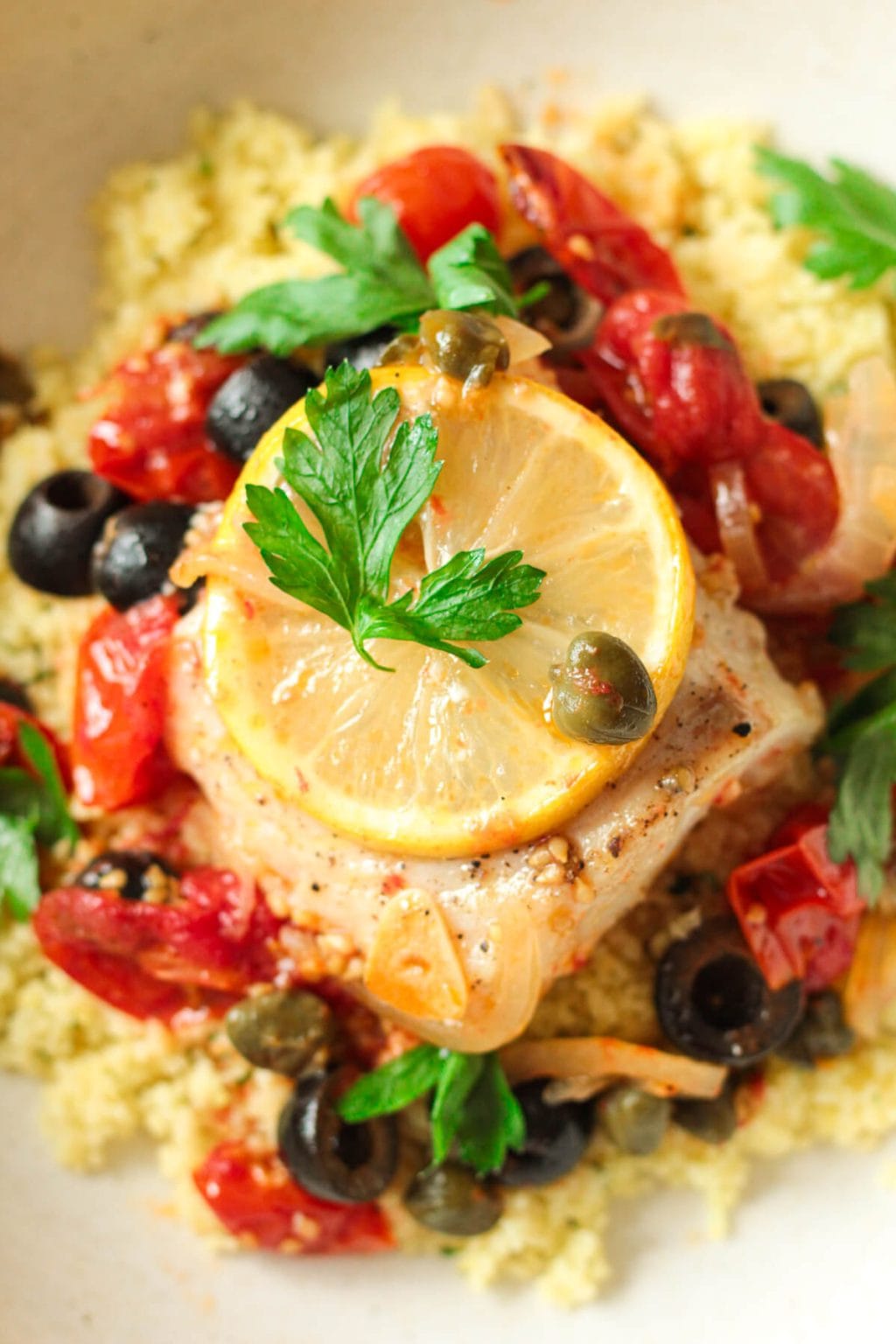 Baked Cod with Tomato-Olive Relish and Garlic Herb Quinoa