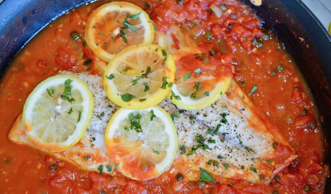 Pan-Seared Sea Bass with Tomato-Caper Sauce and Fennel