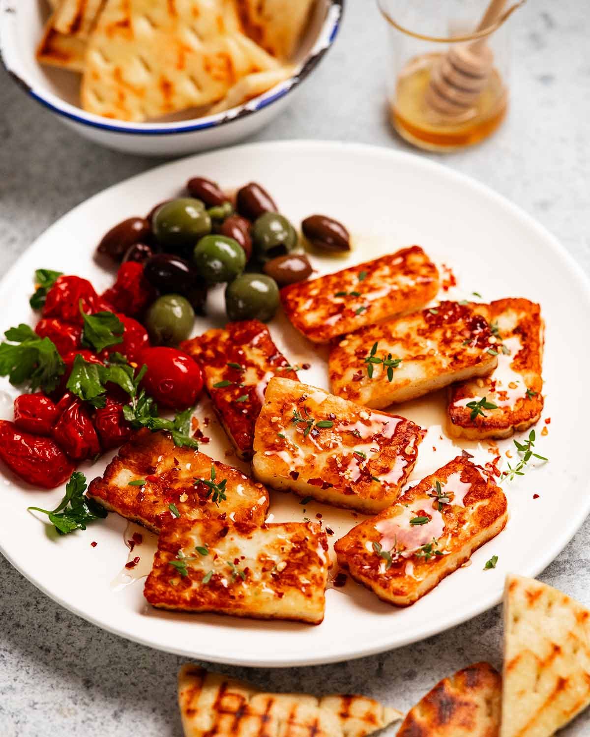 Pan-Seared Greek Halloumi with Cherry Tomatoes and Basil