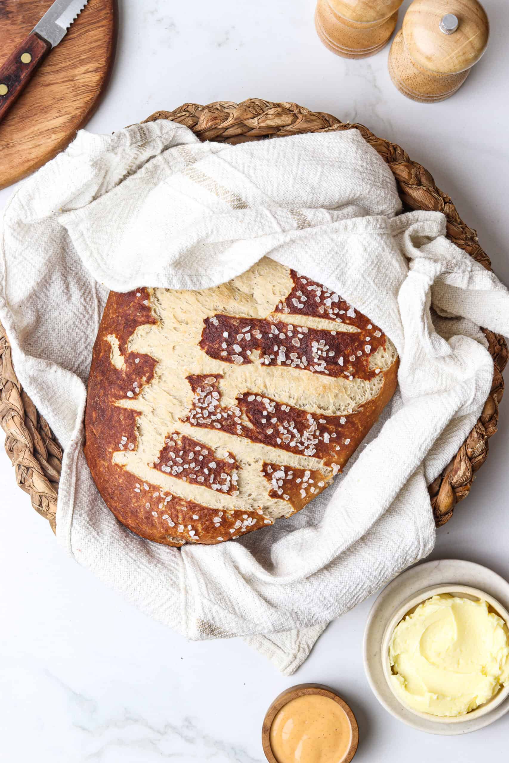 Rustic Pennsylvania Dutch Pretzel Bread with Sea Salt