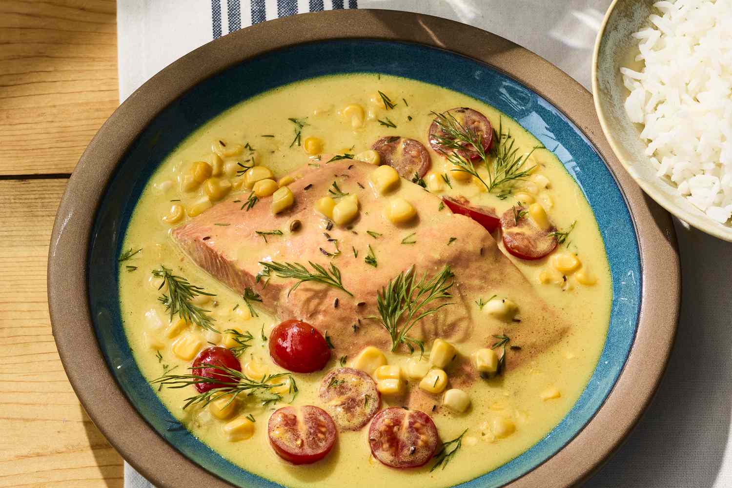 Coconut-Dill Salmon with Green Beans and Corn Sauté