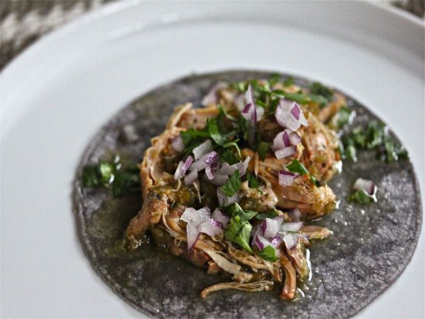 Roasted Tomatillo and Poblano Chicken Tacos with Pickled Red Onion