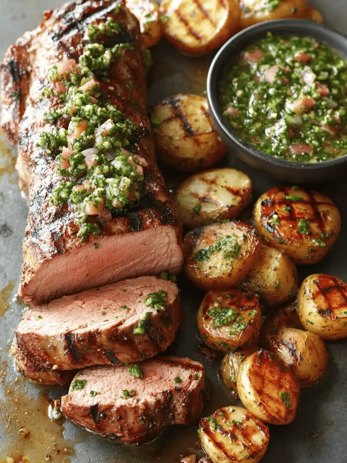 Grilled Citrus-Marinated Pork Tenderloin with Garlic Herb Chimichurri