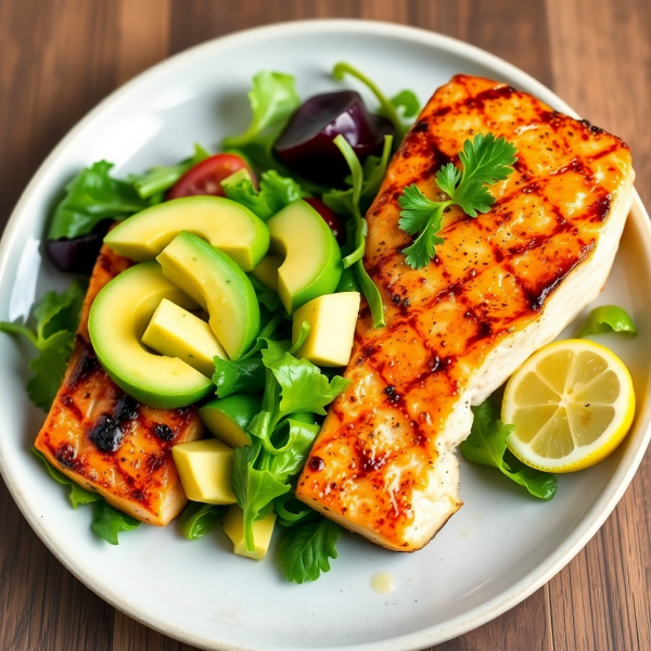 Herb-Roasted Salmon with Lemon-Asparagus and Avocado Salad