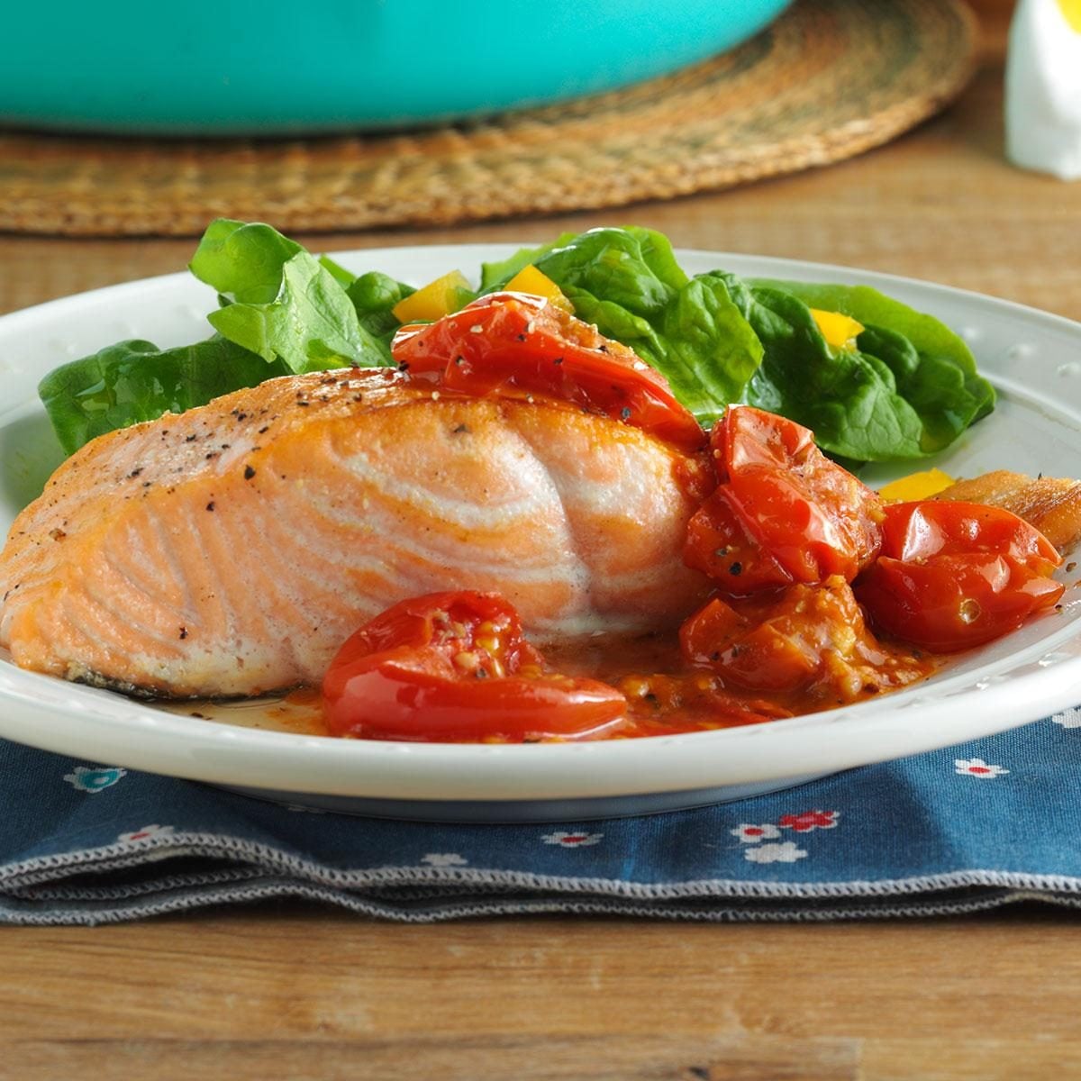 Pan-Seared Salmon with Garlic Spinach and Roasted Cherry Tomatoes