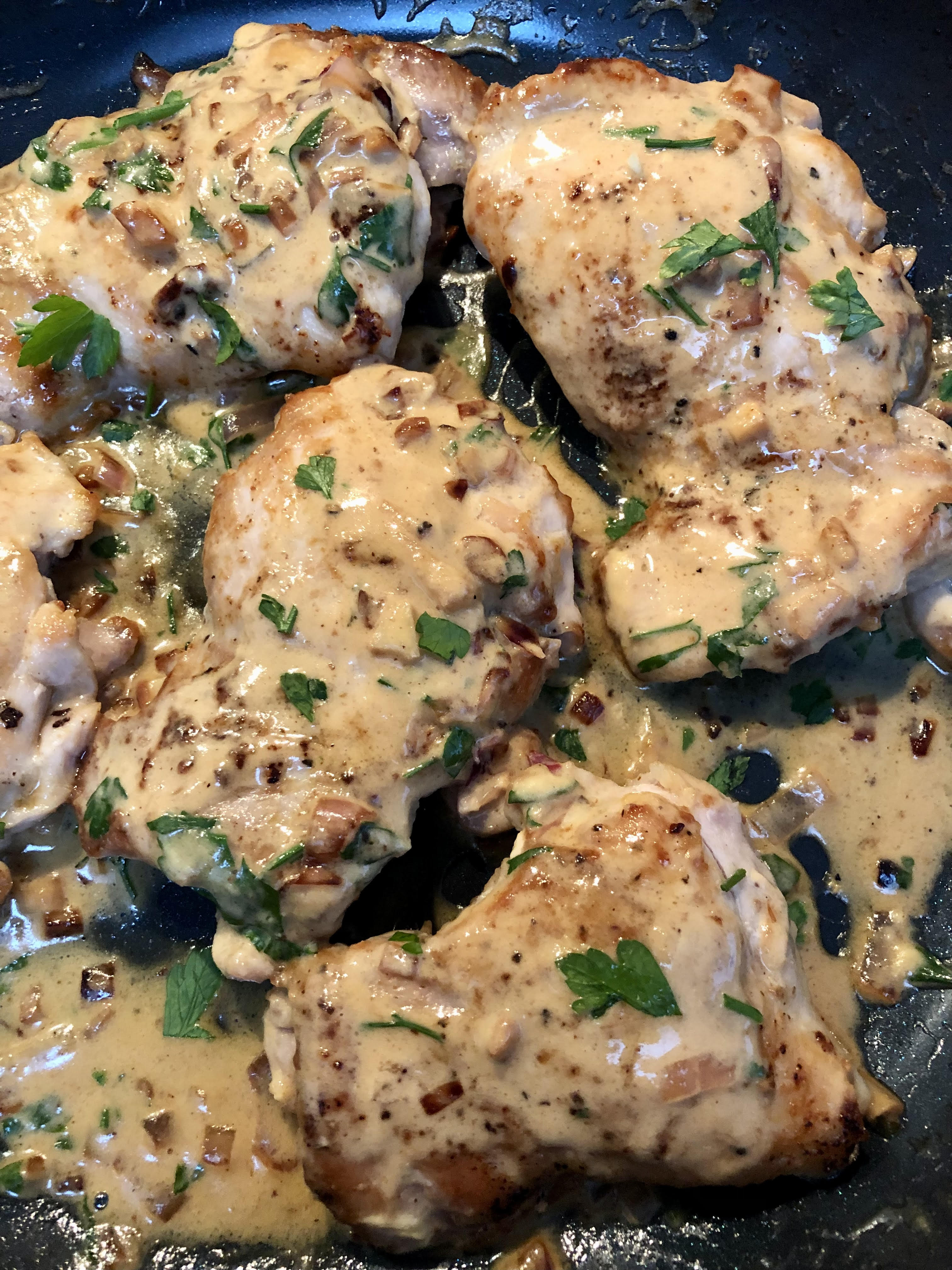 Crispy Skin-On Chicken Thighs with Creamy Herb Mustard Sauce