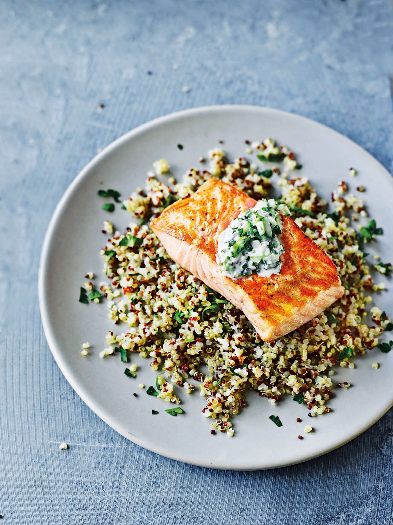 Pan-Roasted Salmon with Lemon-Dill Yogurt Sauce and Quinoa Salad