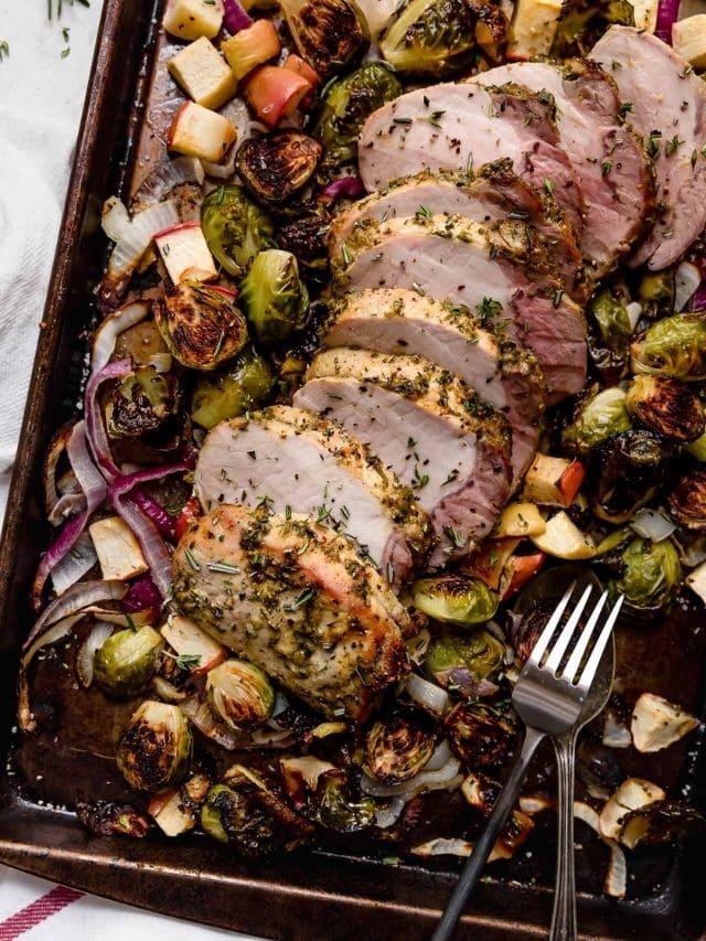 Baked Herb-Crusted Pork Tenderloin with Roasted Brussels Sprouts and Apple