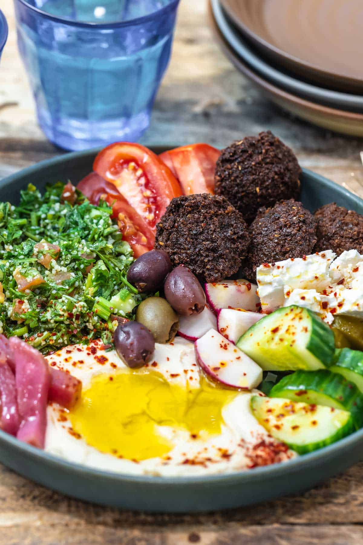 Mediterranean Falafel Bowl with Hummus and Dolmades