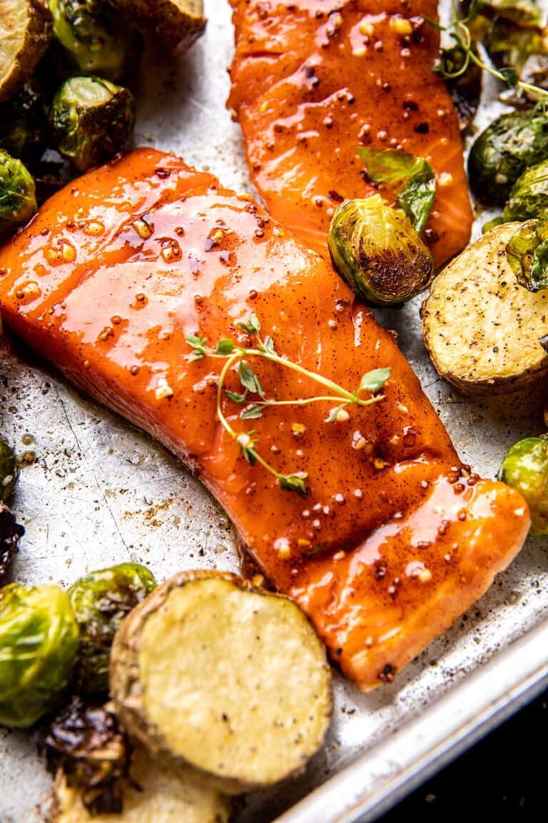 Sheet Pan Mustard-Honey Glazed Salmon with Roasted Brussels Sprouts