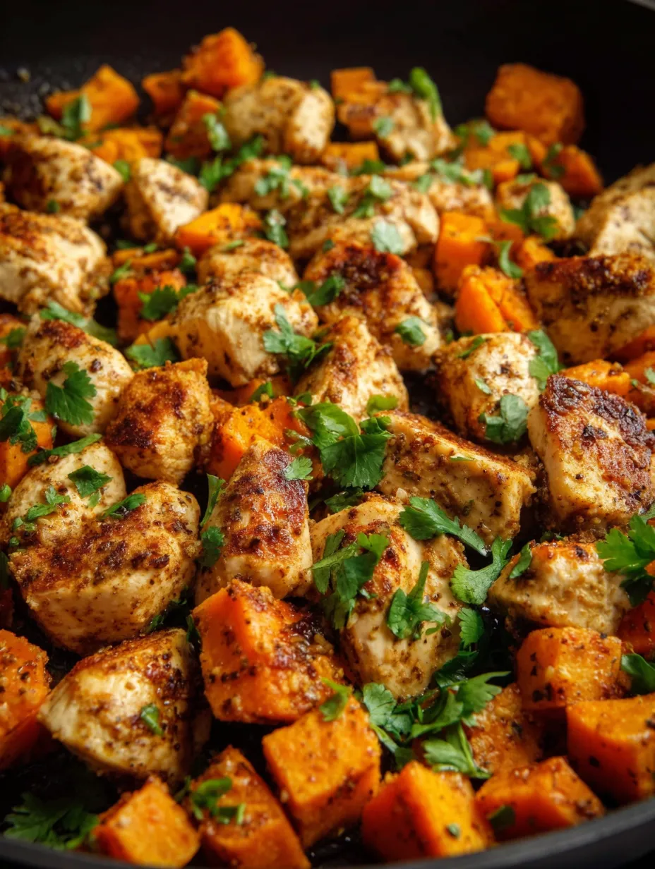 Pan-Seared Chicken with Roasted Sweet Potato and Garlicky Spinach