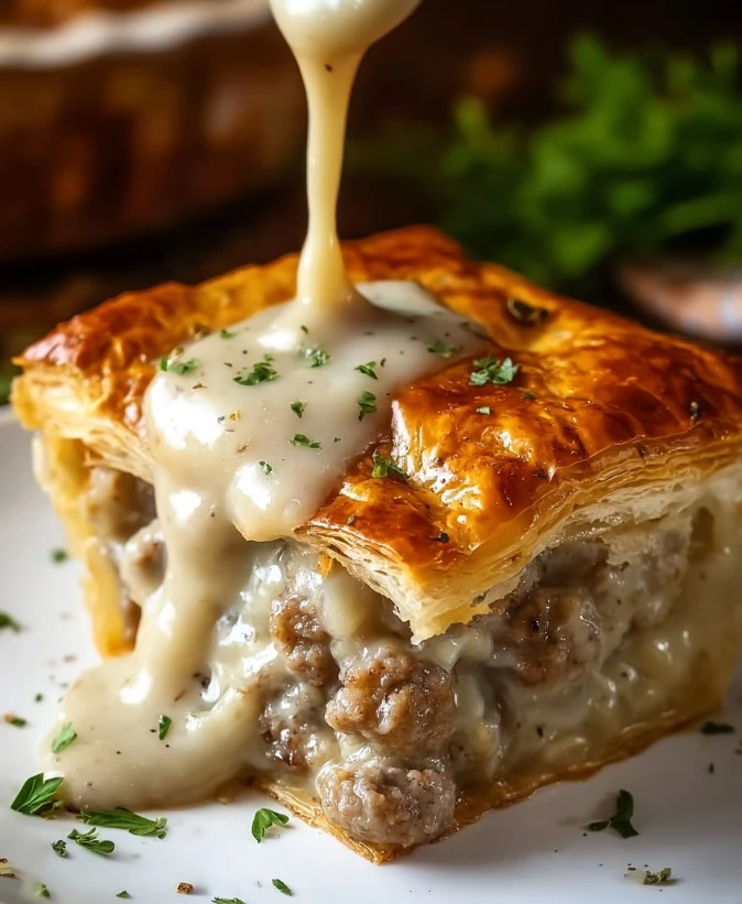 Oven-Baked Meat Pie with Puff Pastry and Rich Gravy Filling